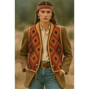 Vintage Boucher Santa Fe Handmade Custom Tapestry Vest Southwestern Leather 6 8